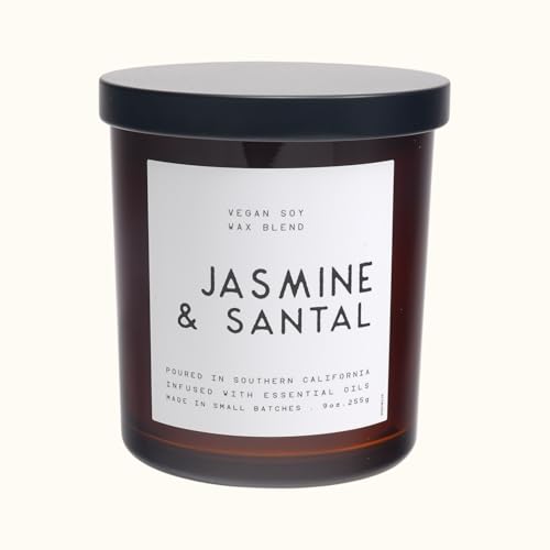 LEOBEN CO Jasmine & Santal Scented Candle 9oz Contemporary Collection Design 50 hr Burn Time Poured in California Using Vegan Soy Wax and Essential Oils Made in Small Batches