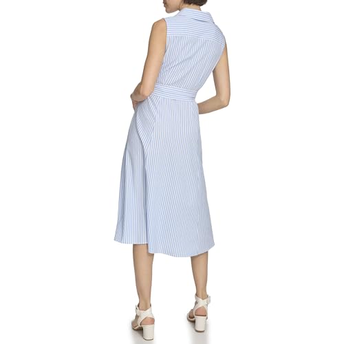 Image of Tommy Hilfiger Women's Sleeveless Collared Button Front Tie Waist Midi Shirt Dress
