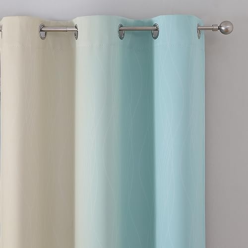 Estelar Textiler Aqua and Beige Ombre Blackout Curtains 72 Inches Length for Bedroom, Thermal Insulated Light Blocking Grommet Gradient Blackout Drapes for Living Room, 42Wx72L, 2 Panels