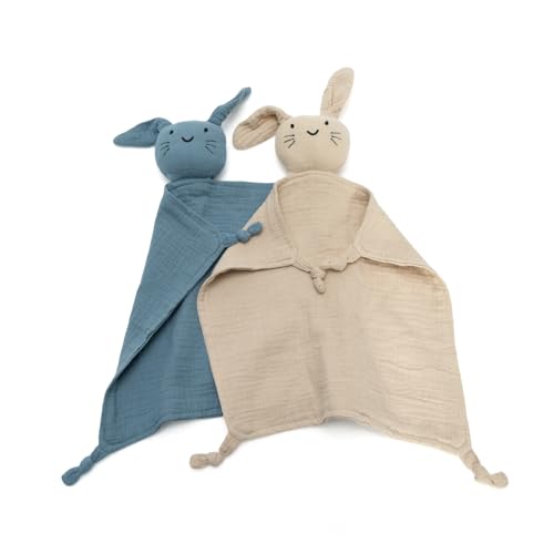 Image of 2 Pcs Set Organic Cotton Muslin Bunny Lovey Blanket, Soft & Breathable Baby Security Blanket, Ideal for Newborns (Khaki & Blue)