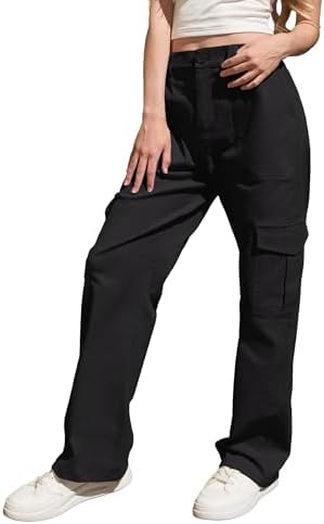 HiMONE Petite Cargo Pants for Women High Waisted Baggy Jeans Y2K Streetwear Pants Womens Cargo with 6 Pockets (Black-M)