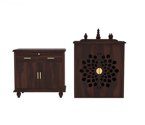 Image of Wooden Temple for Home | Big Pooja Mandir, Puja Ghar with 2 Drawer Storage, 4 Door Cabinet & Dhoop Batti Slider Stand | Solid Wood Sheesham Temple | Big puja mandir (G-Walnut)