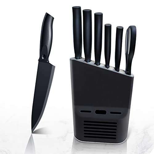 Couteau Cuisine, 6 Pièces Set Couteau Cuisine en Acier Inoxydable, Ensemble de Couteaux avec Bloc Couteaux, Compris Couteau de Chef, Couteau à Pain, etc Cover