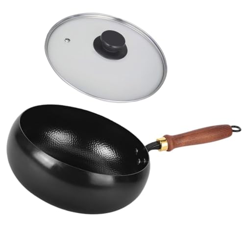 【木蓋+ガラス蓋】24cm/26cm/28cm 中華鍋 鉄手作り 深型設計 錆びない 化学コーティング無し 鉄分補給 軽量省エネ ガスIH両用 家庭用レストラン用 ガラス蓋 槌目鍋 28cm