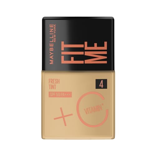 Maybelline NY Fit Me Fresh Tint Base Líquida, Proporciona Efeito Glow Natural, Controla a Oleosidade e Uniformiza a Pele com Vitamina C e FPS 50, Cor 04, 30ml