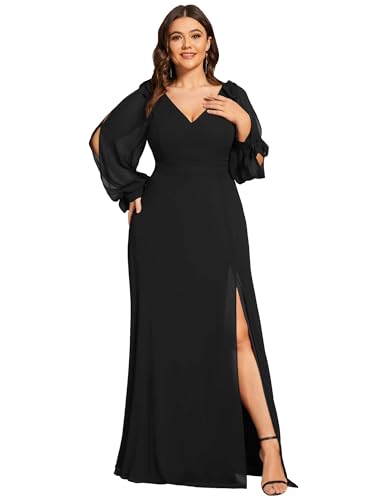 Ever-Pretty Women's V Neck Elegant Chiffon Long Sleeve Slit A Line Plus Size Formal Mother of Bride Dresses for Wedding
