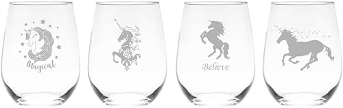 C M Unicorn Stemless Wine Glass Set for Women and Men - 4 Pieces ...