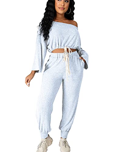 FEIYOUNG Women's Sexy Slash Neck Crop Tops and Long Pants Casual Two Pices Drawstrings Sports Jumpsuit Rompers