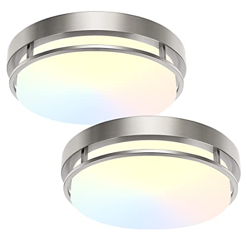 Xbuyee 2Pack Led Flush Mount Ceiling Light Fixture 13 Inch 20W, On/Off Switch 3000/4000/5000K Color Selectable, Dimmable Ceiling Lamp For Kitchen, Hallway, Stairwell, Brushed Nickel, Etl #TOP5