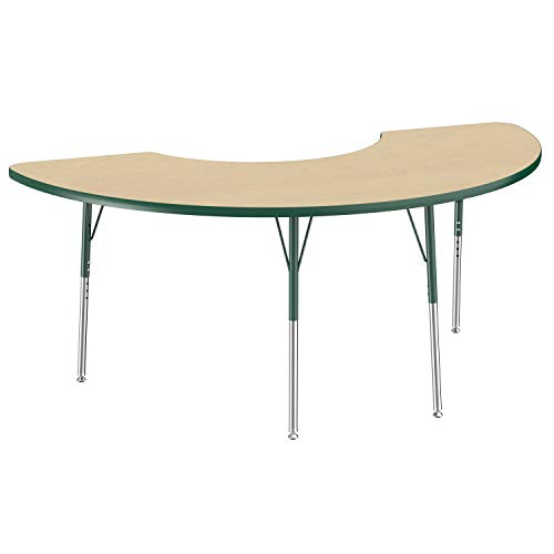 Image of FDP Half Moon Activity School and Office Table (36 x 72 inch), Standard Legs with Swivel Glides for Collaborative Seating Environments, Adjustable Height 19-30 inches - Maple Top and Green Edge