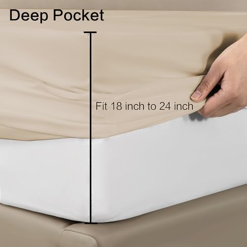 Image of Khaki Fitted Sheet,Full Size Taupe Fitted Sheet with Deep Pocket 18 inch,Ultra Soft & Breathable FittedSheet Easily Fits 18 inch to 24 inch Mattress