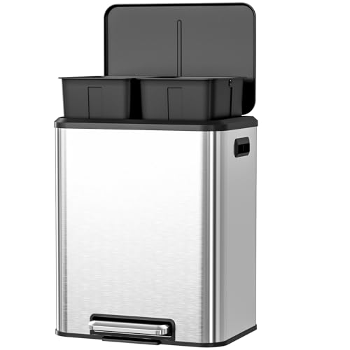 Clevich 30L Dual Bin, 2 x 15L Double Bin Recycling/Waste, Pedal Bins for Kitchen with Dual Compartments, Stainless Steel Trash Can with Soft-Close Lids and Inner Buckets (Silver)