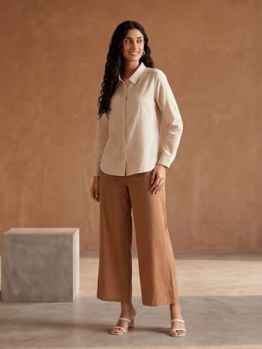Image of SAADAA Women's Relaxed Fit Mid Rise Airy Linen Wide Leg Pants, High Waist Trousers for Formal, Casual & Office Wear