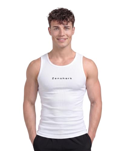 Image of ZENSHARK Gym Vest for Men | Sleeveless T Shirt Sando Tank Top | 2x2 Ribbed Cotton Lycra Ribbed Vest | Round Neck Slim Fit 4 Way Stretch | Sleeveless Gym T Shirt for Workout Training