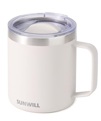 Image of SUNWILL Travel Coffee Mug with Lid, Insulated Tumbler with Handle, 14 oz Stainless Steel Cup for Home, Office, Camping, Powder Coated Cream