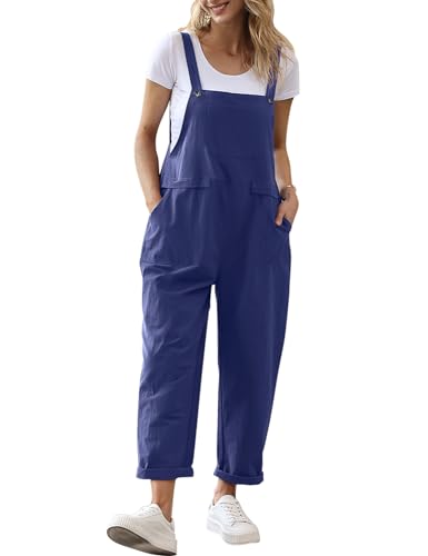 YESNO Damen Latzhose Sommer Oversize Trägerhose Beiläufig Loose Bib Pants Overall Baggy Jumpsuit Strampler Sommerhose mit Träger (L PV9DE Navy Blau)