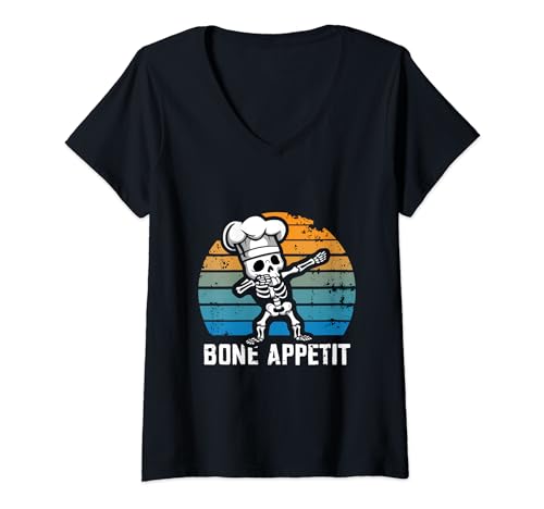 Mujer Dabbing Sleleton Funny Chef Bone Appetit Camiseta Cuello V