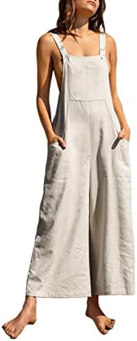 Yidarer Women's Cotton Linen Casual Summer Bib Overalls Long Baggy Jumpsuit with Pockets(Khaki-M)