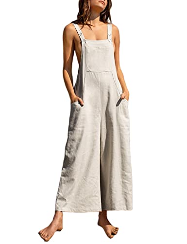 Yeokou Women's Cotton Linen Bib Overalls Wide Leg Loose Casual Jumpsuits with Pockets, Khaki, Small