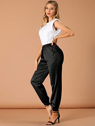 Allegra K Women\'s Drawstring Elastic Waist Athleisure Pants Ankle Length Satin Joggers with Pocket Large Black