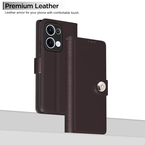 Image of Pikkme Flip Cover Leather Finish | Inside TPU with Card Pockets | Wallet Stand and Shock Proof | Complete Protection Button Flip Case for Oppo Reno 13 5G(Coffee)