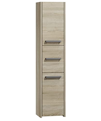ADGO S43 Armoire de salle de bain, 30 x 40 x 170 cm, haute, étagère, meuble rabattable et verrouillable, étroite, autoportante, chêne sonoma