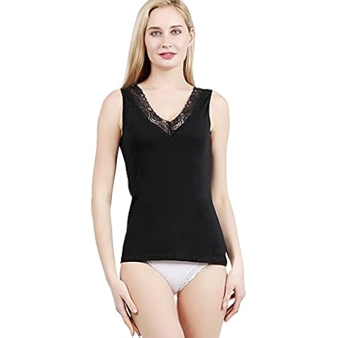 Womens Plain Lace Camisole with Premium Cotton Solid Vest V Neck Sleeveless Italian Design Ultra Soft (922-Black, L) Cover