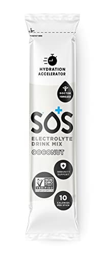 Sos Hydration Electrolytes Powder Packets - Dehydration Mineral Water Flavoring Drink Mix Multiplier, Helps Renew Energy & Rehydration, With Potassium & Low Sugar - Coconut (20 Stick Packets) #TOP3