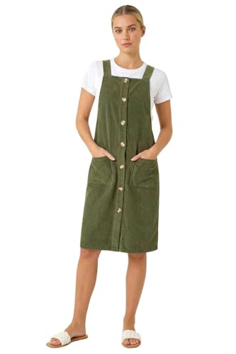 Roman Originals Corduroy Pinafore Midi Dress for Women UK - Ladies Everyday Autumn Winter Square Neckline Comfy Soft Evening Vacation Work Party Night Out - Khaki - Size 12