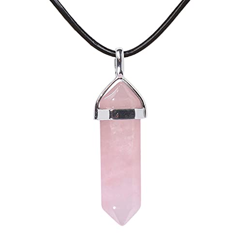 Justinstones Natural Rose Quartz Gemstone Hexagonal Pointed Reiki Chakra Pendant Genuine Leather Necklace 18