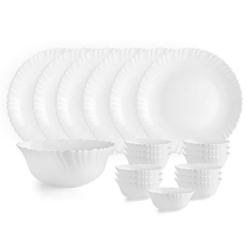 Cello Opalware Dazzle Plain White Dinner Set, 19Pcs, White