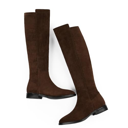Image of Modatope Rounded Toe Flat Stretchy Dress Knee High Boots Side Zipper | Suede Elastic Fall Winter Boots, Low Chunky Block Heel Riding Boots,2026 Fashion Womens Tall Long Boots
