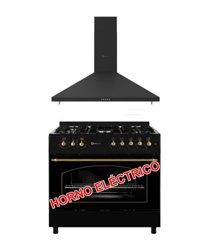 PACK SOLTHERMIC F9L50E5RB HORNO PANORAMICO ELECTRICO Y CAMPANA H90PR NEGRO RÚSTICO ACABADOS DORADOS / 90 CM/HORNO 115l