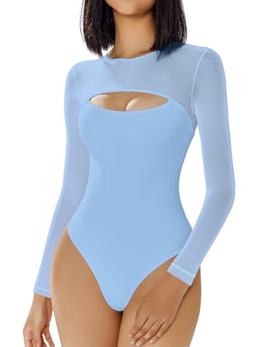 Image of Avidlove Bodysuits for Women Round Neck Long Sleeve Mesh Bodysuit | Sexy Sheer Top Double Lined Shapewear Cutout Shirt