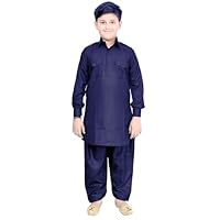 Desi Sarees Boys Cotton Pathani Punjabi Style Shirt Collart Kurta With shalwar 1008 (Navy Blue, 11 Years)