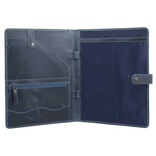 Image of KomalC Leather Portfolio Folder with Button Closure | Business Padfolio for Professionals | Vintage Organizer with Legal Pad Holder, Card Slots & Document Pockets (Blue)