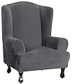 Wing Chair Slipcover Velvet Slipcovers for Wingback Chairs Ultra Soft Plush Sofa Covers 1-Piece Furniture Cover/Wingback Chair Cover with Elastic Bottom, Machine Washable (Wing Chair, Gray)