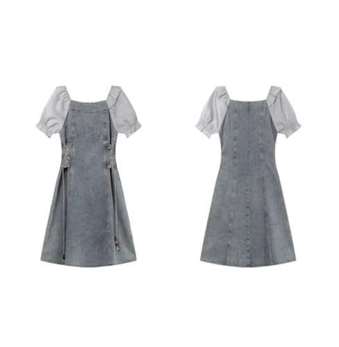 UIOKLMJH Denim Dress for Women Business Drawstring Square Neck Short Sleeve Dress4