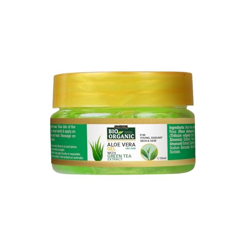 INDUS VALLEY Bio Organic Pure Multipurpose Aloe Vera Gel With Green Tea Extract For Face, Body & Hair,For Glowing & Soothing Skin, Anti-Ageing & Acne, Suitable to All Skin Type - 50ml