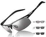 TJUTR Men's Photochromic Sunglasses with Polarized Lens for Outdoor 100% UV Protection, Anti Glare, Reduce Eye Fatigue (Metal Black 2 Rectangular Frame/Grey Photochromic Polarized Lens)