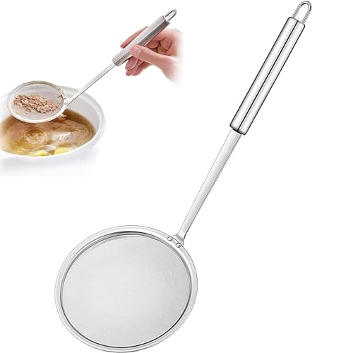 XFLYP 1 Pezzi Schiumarola in Acciaio Inox, Setaccio Acciaio Inox Maglia Fine, Manico Lungo per Evitare Schizzi, per Filtrare, Scolare e Sciacquare, Strumento da Cucina