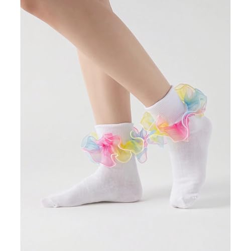 Image of Women Big Ruffle Ankle Socks Adult Double Lace Frilly Turn Cuff Dress Socks Cotton Cute Fancy Bobby Crew Socks