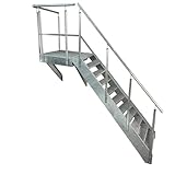 Premium Podesttreppe Wangen- Stahltreppe 11 Stufen Höhe 209 cm inklusive Podest 100x100cm mit oder ohne Geländer komplett verzinkt Wetterfest Gitterroststufe (Ausrichtung Treppe Rechts)