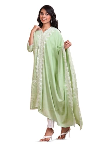 Image of ishin Thread Work Straight Kurta With Pants and Scalloped Schiffli Dupatta