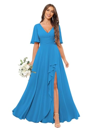 Sukleet Women's V Neck Flutter Sleeve Bridesmaid Dress Long for Wedding Ruffled Chiffon Formal Dress with Slit