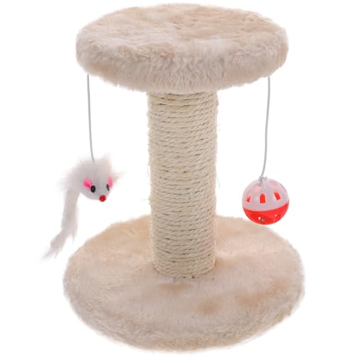 Poste rascador para gatos beige con bolas de peluche miniatura 1