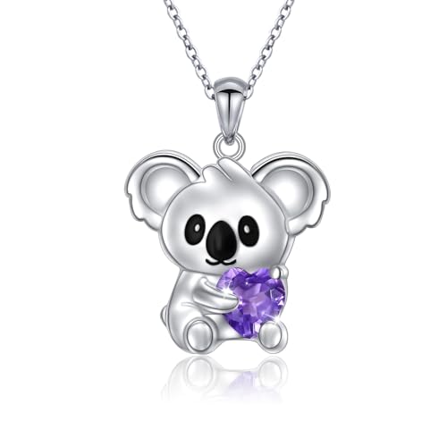 Flyow Ensemble de bijoux koala en argent sterling 925 avec boucles d'oreilles et collier koala mignon animal koala tient cœur violet/bleu zircon bijoux koala...