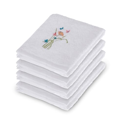 Image of HOMESCAPES Pack of 4 100% Turkish Cotton 'Floral Butterfly' White Face Cloths Flannel Colourful Butterfly and Flowers