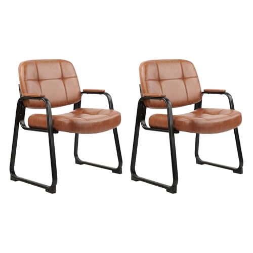 Image of CLATINA Big & Tall 500 lbs Waiting Room Chairs with Padded Armrests and Sled Base, Leather Stationary No Wheels Office Guest Chair for Reception Lobby Home and Meeting Conference, Brown (2 Pack)