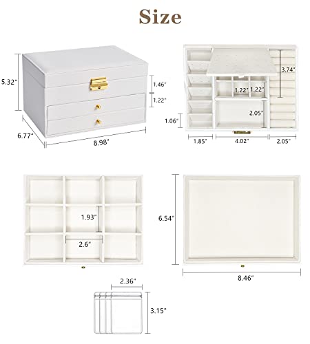 Jewelry Box Organizer For Women Girls, 3 Layer White Pu Leather Jewelry Storage Case With 2 Removable Drawers, Mirror, Key Lock And 4 Pcs Jewelry Bags For Rings, Earrings, Necklace, Bracelet #TOP7